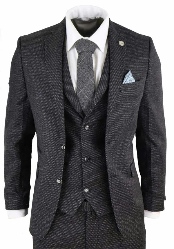 TruClothing Men's 3 Piece Black Herringbone Tweed Suit
