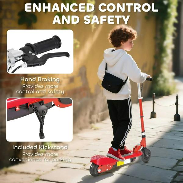 Red electric kids scooter with handle controls and kickstand