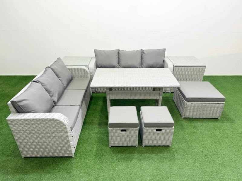 Fimous 9 Seater Wicker Rattan Garden Furniture Patio Set, Dining Table, High Back Lounge Sofa, 3 Stools, 2 Side Table, Light Grey
