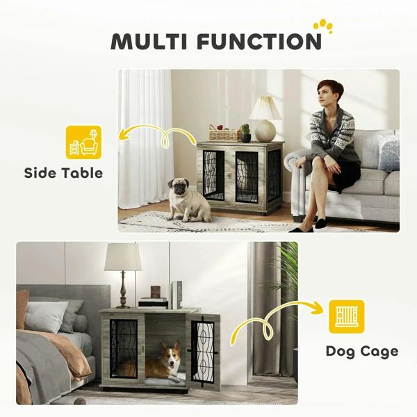 Multi-function gray dog crate end table with side table use and lockable front doors.