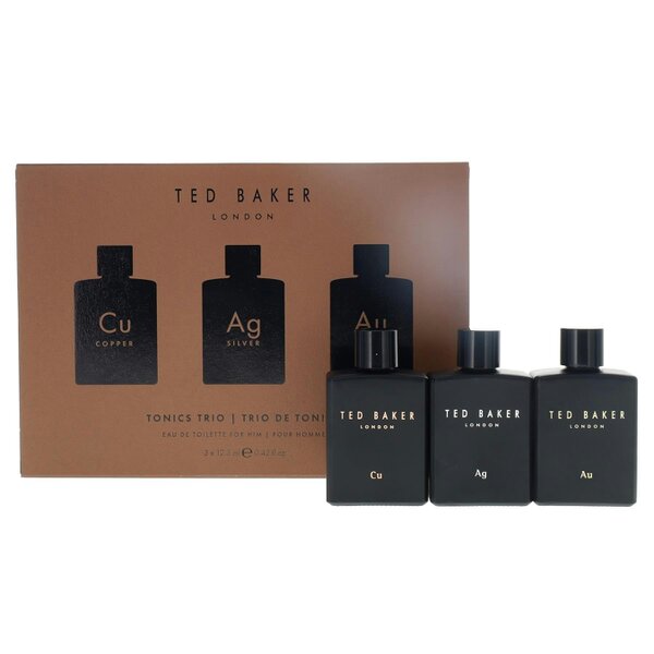 Ted Baker Tonics 3 Piece Mini Gift Set Cu Copper 12.5ml Eau de Toilette, Ag Silver 12.5ml Eau de Toilette, Au Gold 12.5ml Eau de Toilette for Him