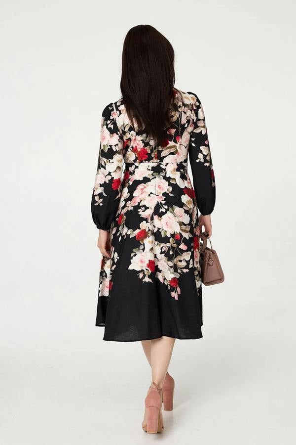 Black | Floral Tie Waist Long Sleeve Midi Dress