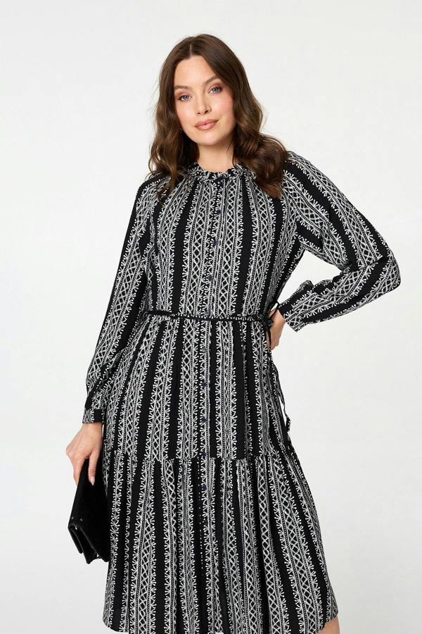 Black | Geo Print Tiered Long Sleeve Midi Dress