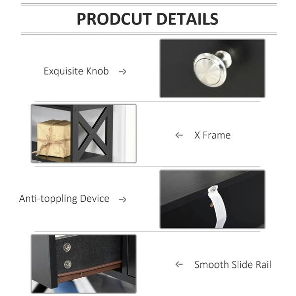 Black console table detail view: round knobs, X-frame sides, and smooth drawer slide rail