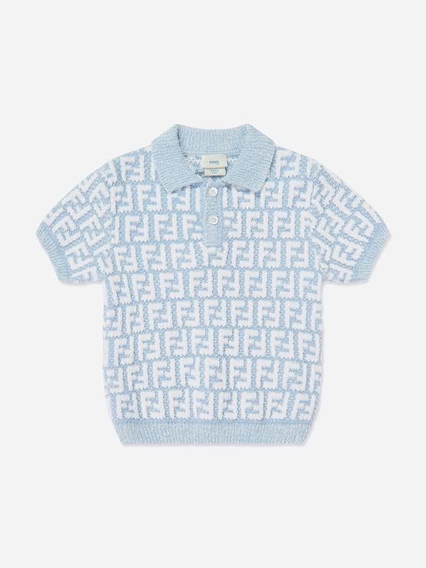 Fendi Kids Fendi Boys FF Logo Knit Polo Shirt in Blue
