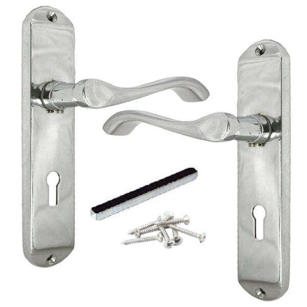 EDH Door Hardware Door Handles Cadenza Chrome Scroll on Backplate, Latch, Lock & Bathroom Sets
