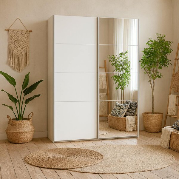 Wyld Haus Bordeaux Wide White and Mirror Double Sliding Door Wardrobe 5 Shelves 180cm