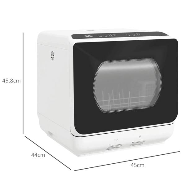 White six-program countertop dishwasher on display with dark door window and controls