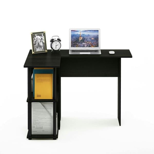 WALPLUS Abbott L | Shape Desk with Bookshelf, Espresso/Black | Modern Desk Designed for Contemporary Interiors