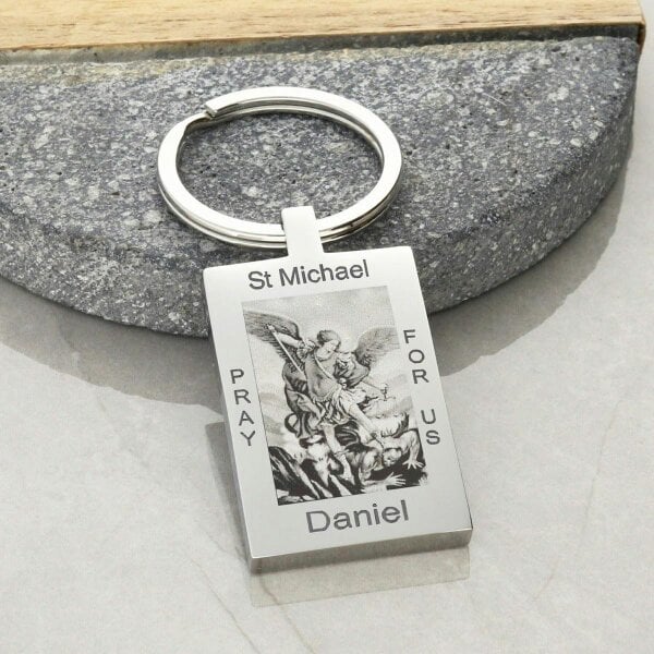 Christopher James of London Mirror Polished Personalised Rectangle St Michael Keyring With Optional Engraving