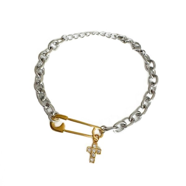 Luxe Tones Roxy Bracelet Chain with Gold Coloured Safety Pin and Crystal Cross Charm