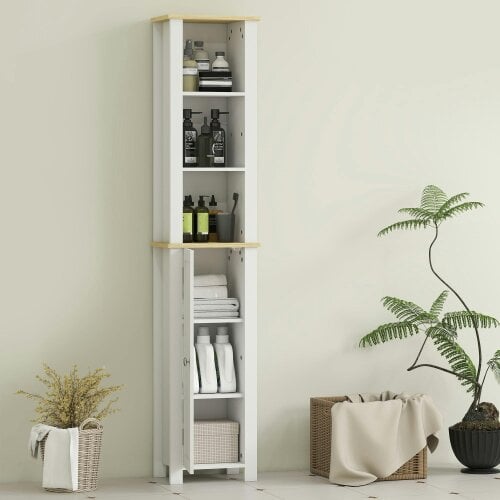 Wyld Haus Nifael Slim Bathroom Storage Cabinet With OFauxn Compartment And Adjustable Shelves White 34 x 23 x 165 cm