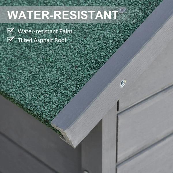 Dark grey wooden shed corner detail with textured felt roof edge