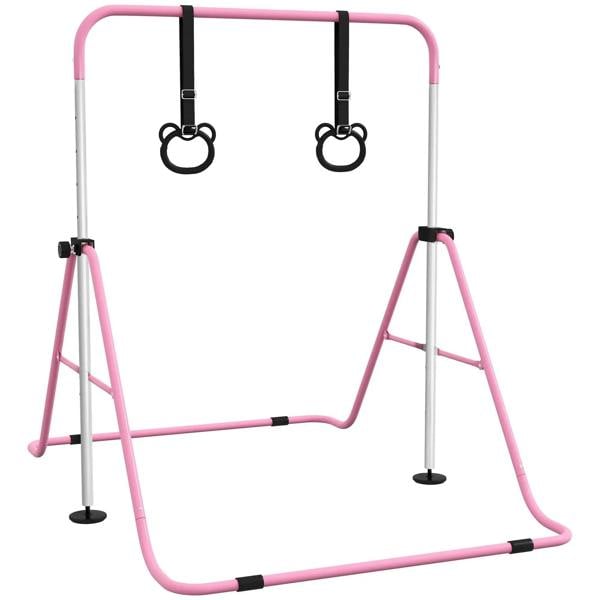 Pink adjustable foldable kids gymnastics bar with black floor rings and U-shaped base