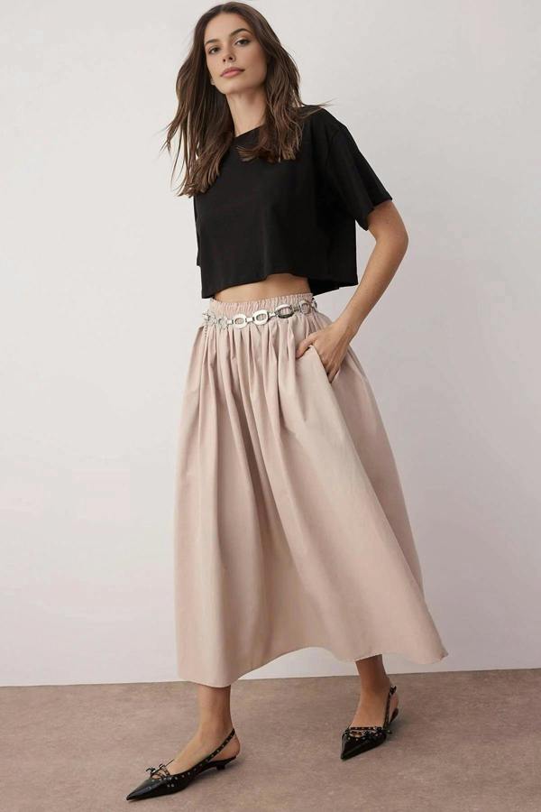 WOVCOR Flared Maxi Elastic Waist Woven Skirt