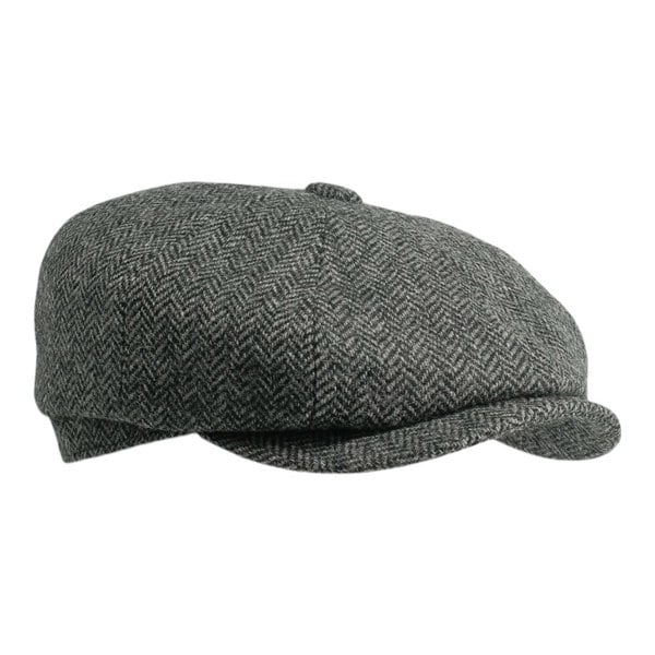 Gamble & Gunn 'Ramsden' Classic 8 Panel Shetland Wool Tweed Grey Herringbone Button Top Cap