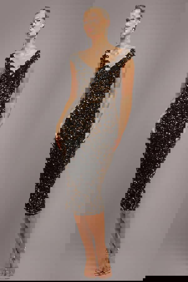 Multi Sequin & Velvet Bardot Midi Dress - Gold DR3550