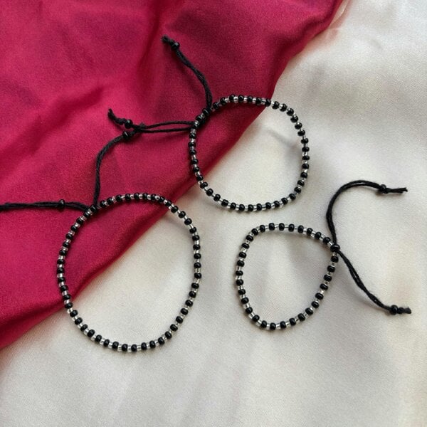 The Colourful Aura Adjustable Silver Black Beads Bracelet For Newborns and Adults
