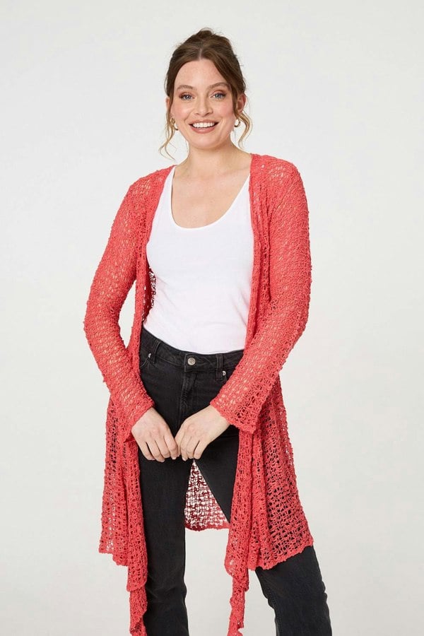 Coral | Crochet Knit Longline Waterfall Cardigan
