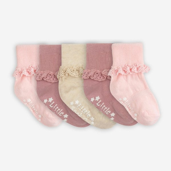 Little Sock Co. Frilly Non-Slip Stay-on Baby and Toddler Socks - 5 Pack in Oat, Orchid and Pink Lemonade