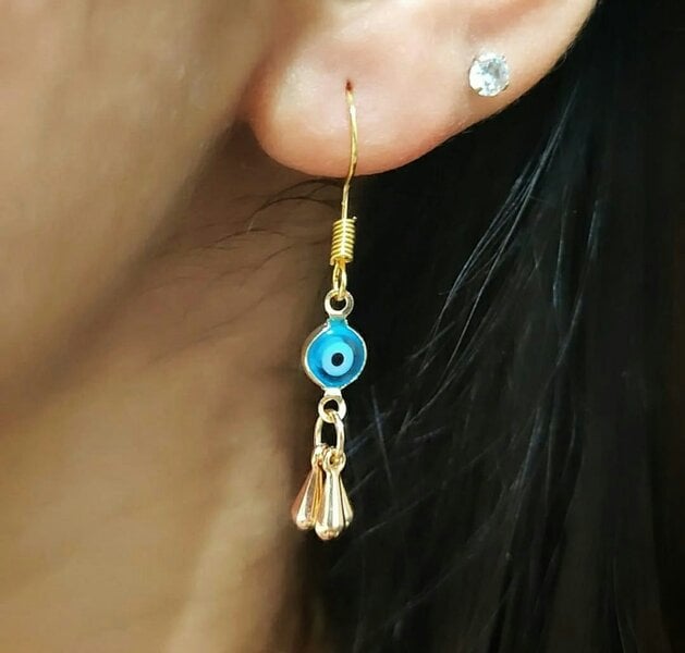 The Colourful Aura Handmade Evil Eye Protection Greek Lucky Eye Gold Dangle Drop Earrings