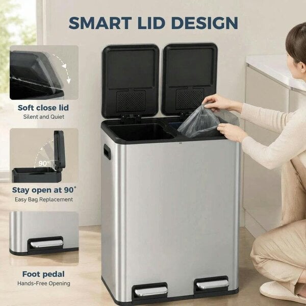 2 x 30L Double Kitchen Bin, Stainless Steel Pedal Rubbish Bin with Dual Compartments, Soft Close Lids, Silver Tone