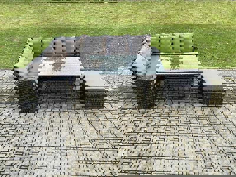 Fimous 7 Seater Garden Rattan Furniture Corner Dining Set with Big Footstool Indoor Outdoor Lounge Sofa Set Dark Grey Mixed