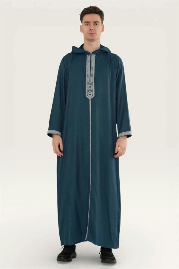 Infinity Leather Men's Hooded Moroccan Embroidery Djellaba Islamic Jubba Robe Eid Ramadan Thobe