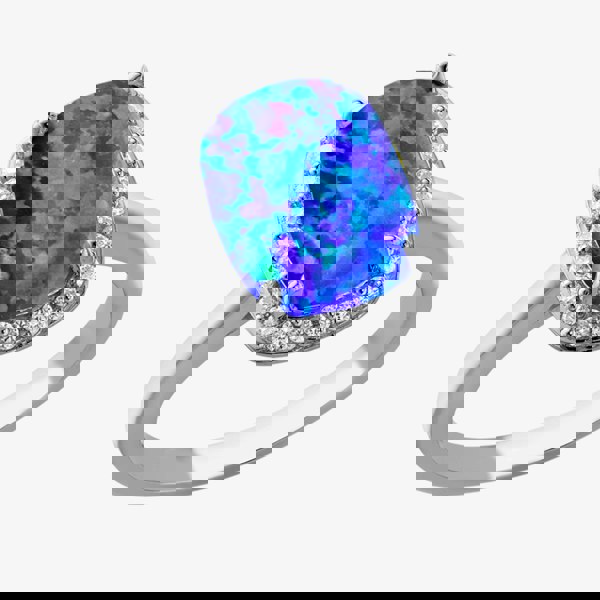 T. H. Baker Sterling Silver Rectangle Synthetic Blue Opal and White Cubic Zirconia Halo Ring 8.86.0049