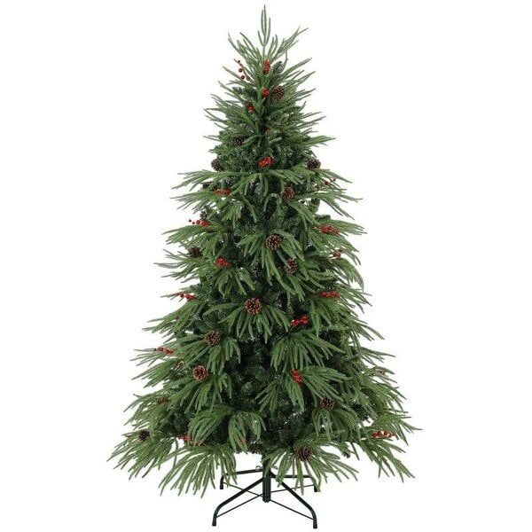 Bobobiy 6ft Artificial Christmas Tree with Pinecones, Red Berries, Hinged Predecorated Xmas Tree with 2843 Branch Tips