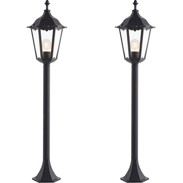 2 PACK Outdoor Lamp Post Lantern Bollard Light Matt Black & Glass 1m Tall LED Loops