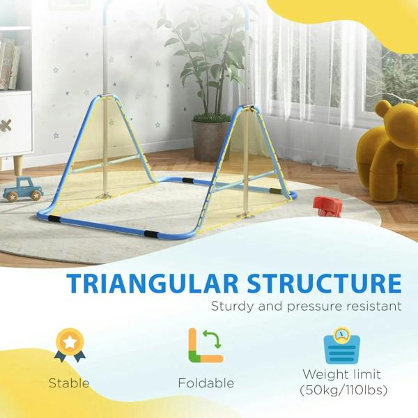 Blue kids gymnastic bar with triangular frame for stable training and jumping