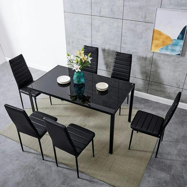 Kosy Koala Black Glass Dining Table set with 6 Black Faux Leather Chairs Kitchen Dining Room Furniture