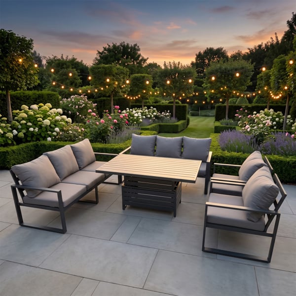 Fimous 8 Seater Aluminium Patio Furniture Set with Adjustable Rising Dining Table, 2 Sofas & 2 Chairs - Dark Grey