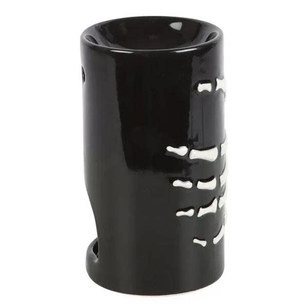 Black skeleton hand oil burner with white bone hand silhouette, side openings