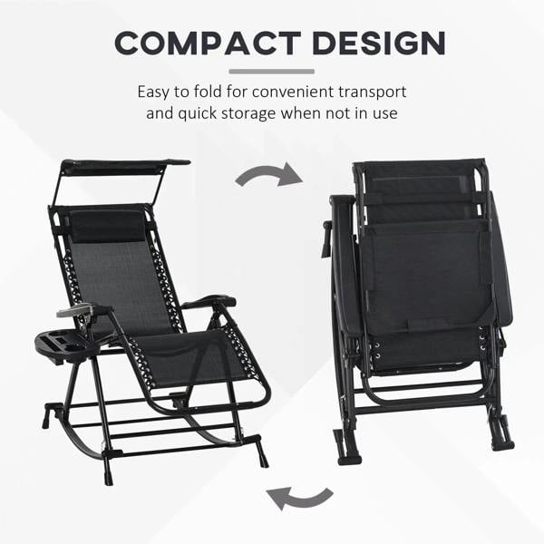 Black compact folding rocking recliner lounger with adjustable back and headrest