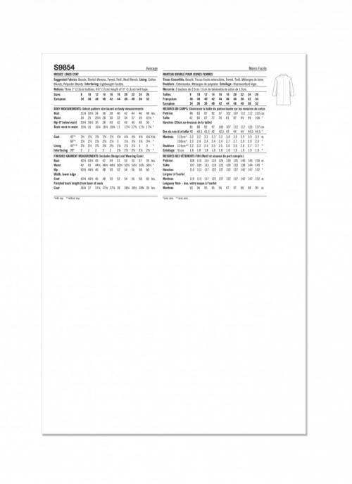 Simplicity Sewing Pattern 9854, Coats for Women, K5 (8-10-12-14-16) - Intermediate