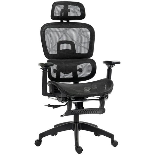 Black adjustable mesh office chair with headrest, armrests, and rolling base
