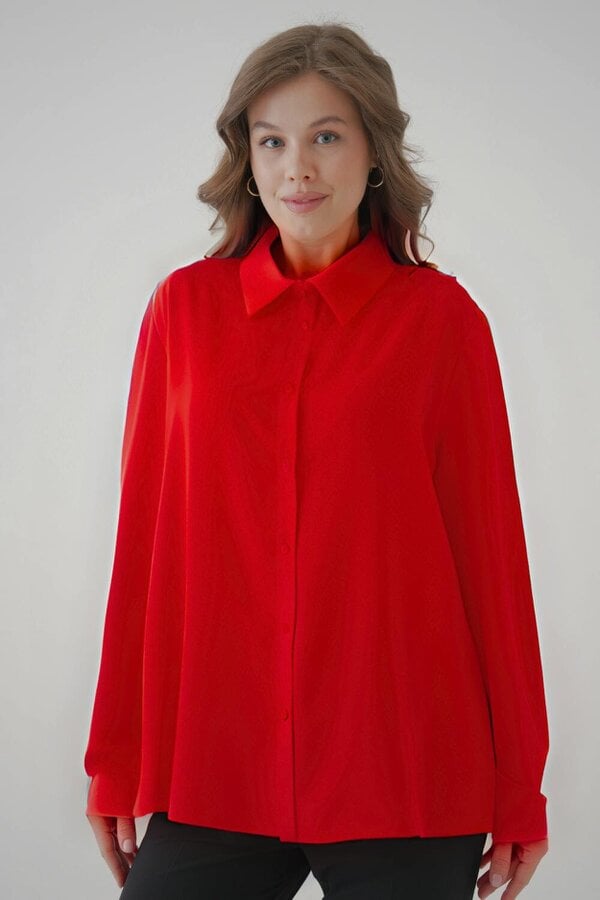 Hoxton Gal Oversized Long-Sleeves Pointed Collar Neckline Blouse in Red