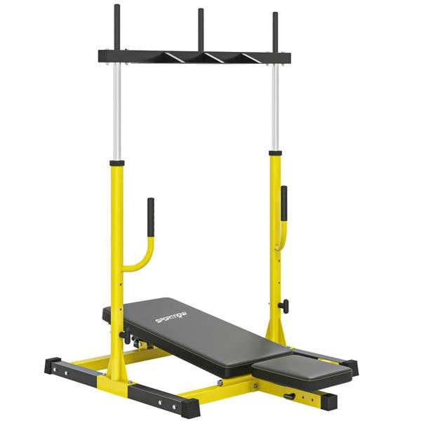 Yellow vertical leg press machine with black padded foot platform and adjustable stops