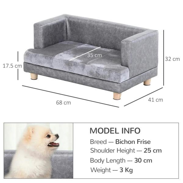 Grey elevated pet sofa bed, front view with seat and overall size measurements