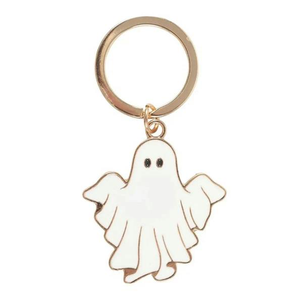 White ghost enamel keyring charm with gold-tone metal ring