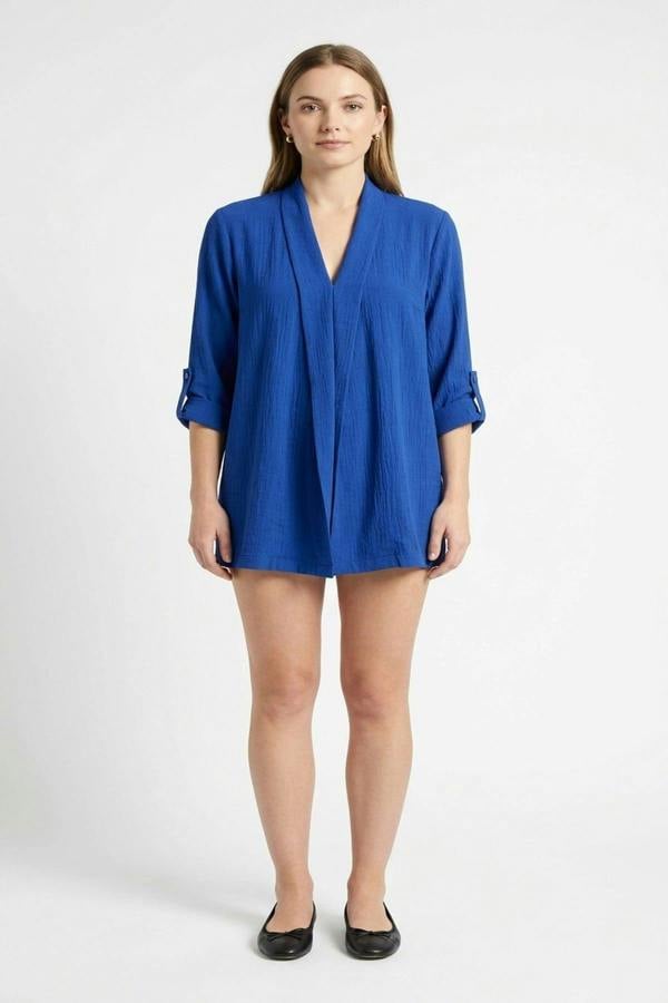 Vivian Open Front Roll Up Sleeve Cardigan - Royal