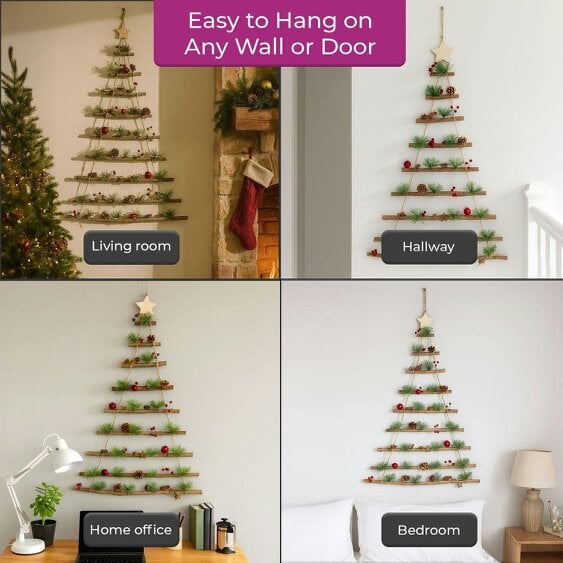 Neo Wooden Hanging Wall Xmas Christmas Tree Ladder Decoration Rustic Nordic Hygge Style with Pine Cones Red Berries Jute Rope Wall Mounted Décor