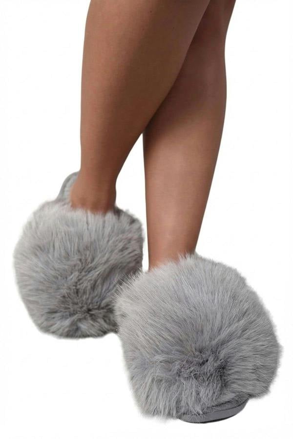 Mildred Fluffy Faux Fur Winter Sandals - Grey_wb