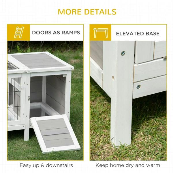 Grey rabbit hutch and run with removable tray, ramp-style door and elevated base