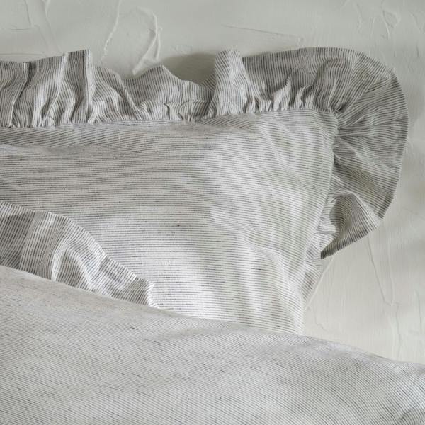 White & Grey Ruffled Linen Cotton Blend Bedding close-up detail 1 | Soak and Sleep