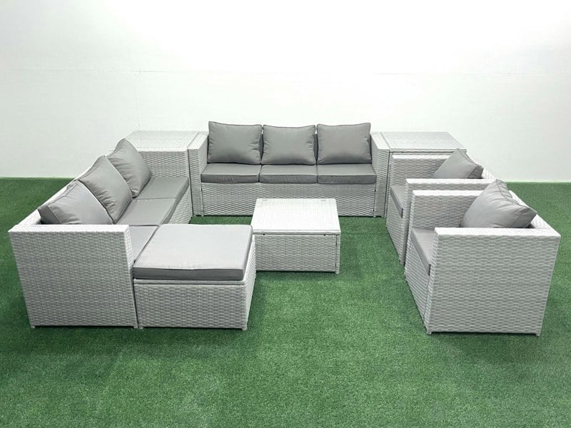 Fimous Outdoor Rattan Sofa Garden Furniture Set with 2 Armchairs Square Coffee Table Big Footstool 2 Side Tables Light Grey Mixed