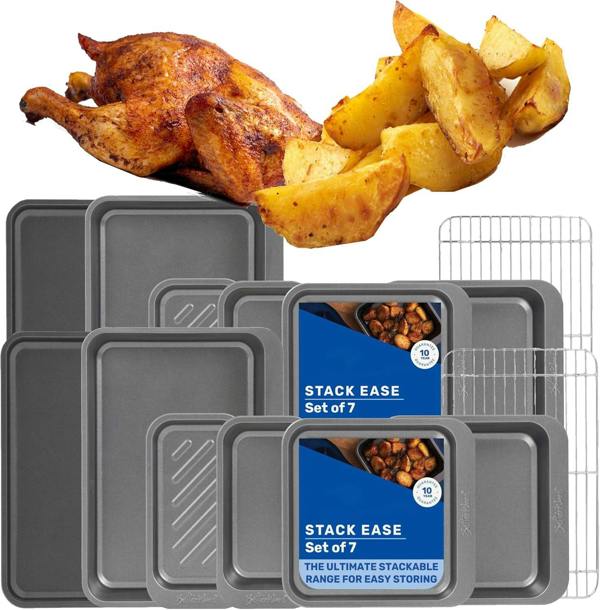 7 Piece Premium Non Stick Bakeware Set Airfryer & Dishwasher Safe, BPA Free Including Trays, Roaster & Cooling Rack 