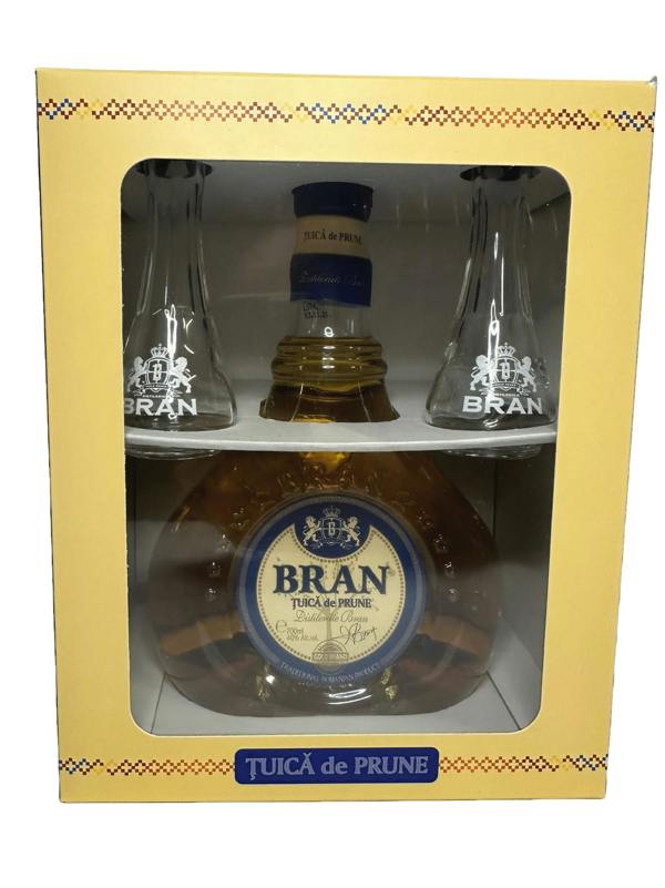 Bran Plum Schnapps (Tuica prune) with two branded glasses 700ml